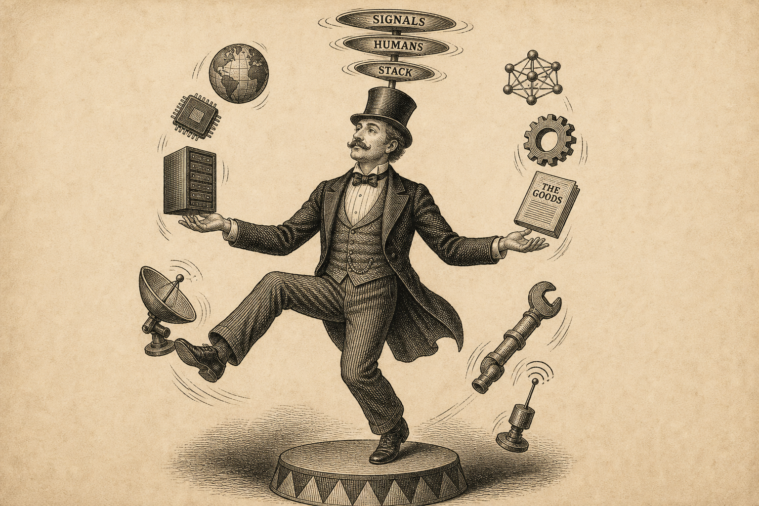 Vintage engraving of a circus magician juggling signals, chips, servers, agents, infrastructure tools, and The Goods while spinning Signals, Humans, and Stack on his head